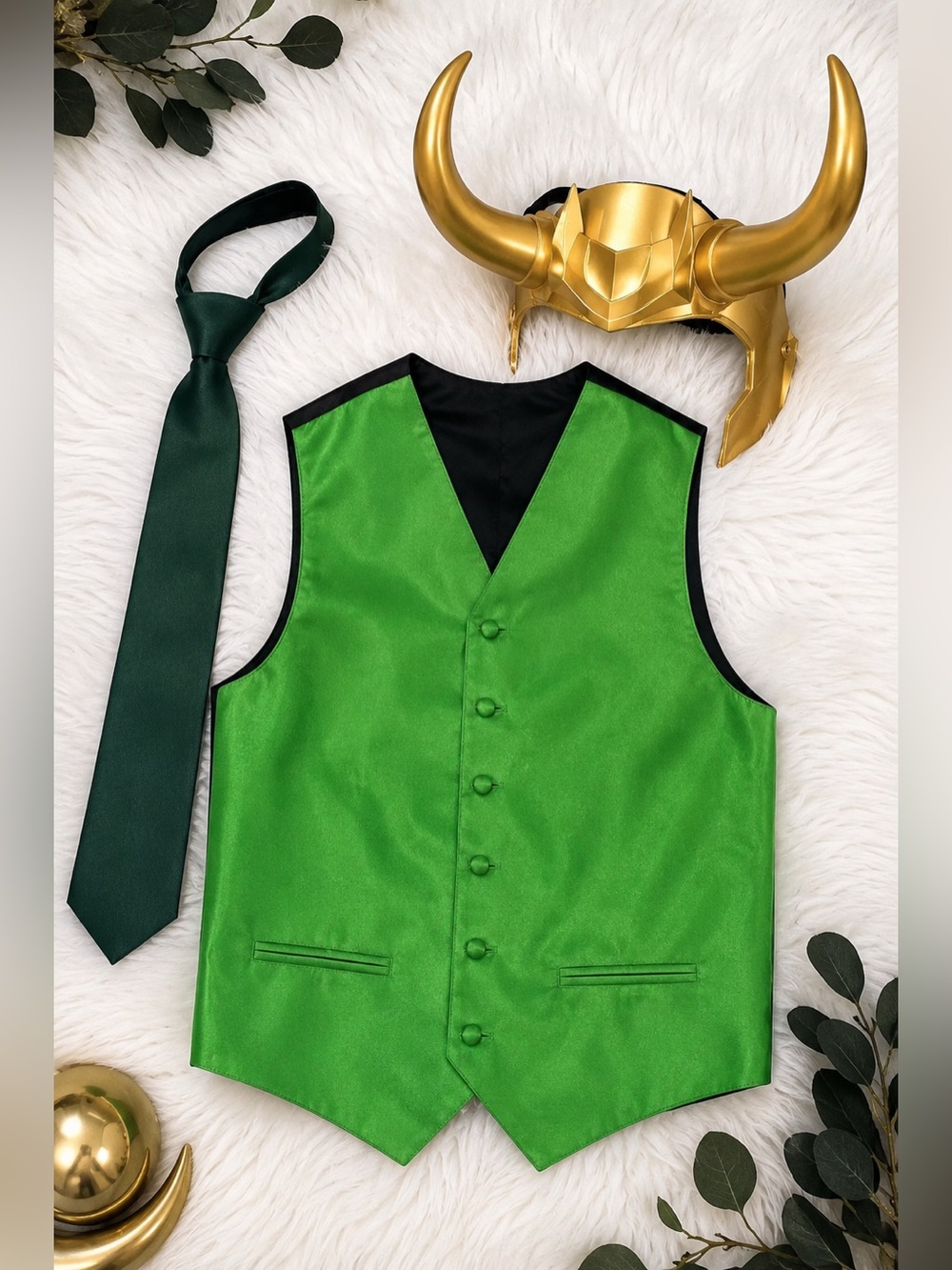 Men’s Loki Inspired Costume Green Vest Tie & Horns Set